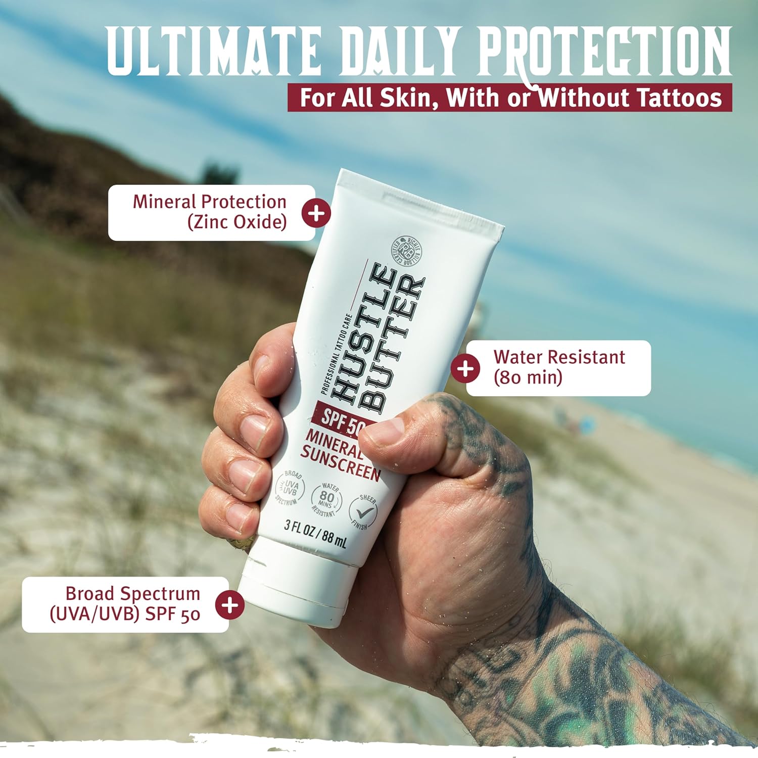 Hustle Butter Tattoo Aftercare Sunscreen - Tattoo Sunscreen Lotion - Fade Protection, SPF 50, Hydrating with Shea Butter & Coconut Oil, TSA-Friendly, Water Resistant, Non-Greasy, 3 oz - Image 2