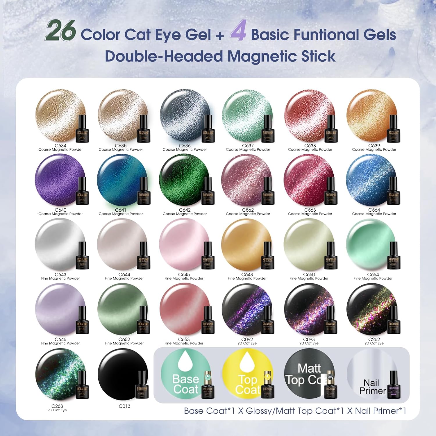ROSALIND 30pcs Cat Eye Gel Nail Polish Set - 26 Colors Red Purple Brown Green Burgundy Magnetic Gel Nail Polish with Base Gel Glossy Matte Top Coat Magnet and Nail Primer - Image 2