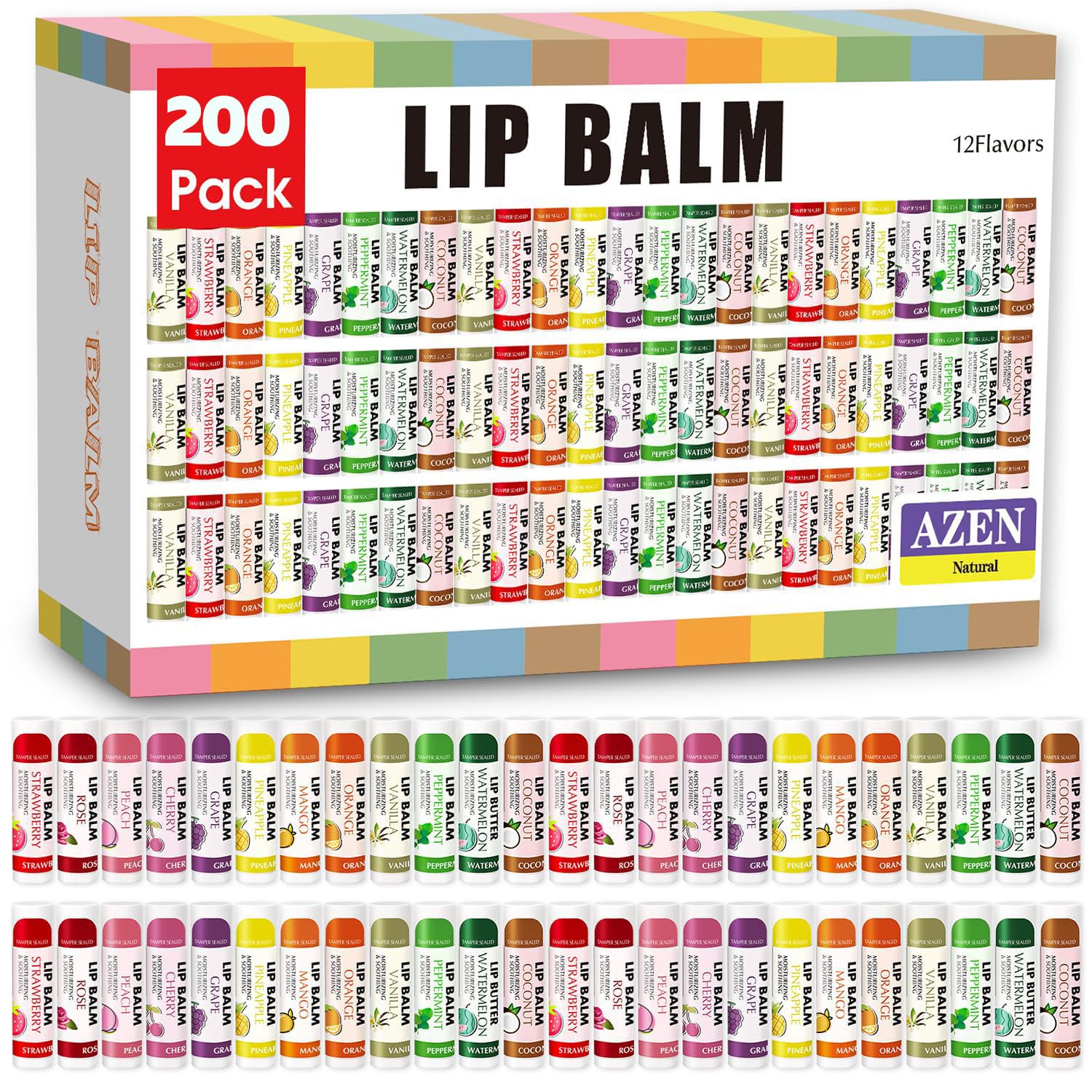 AZEN 200 Pack Lip Balm Bulk, Moisturizing Lip Balms for dry cracked lips, Mothers Day Gifts Easter Basket Stuffers - 12 Flavors
