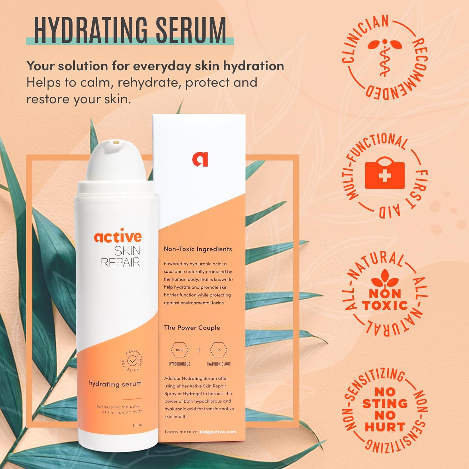 Active Skin Repair Face and Body Hydrating Serum, EWG Certified Hyaluronic Acid for All Skin Types, Dermatologist-Tested Moisturizing Anti-Aging Serum with Ceramides & Niacinamide, 5 fl. oz. - Image 2