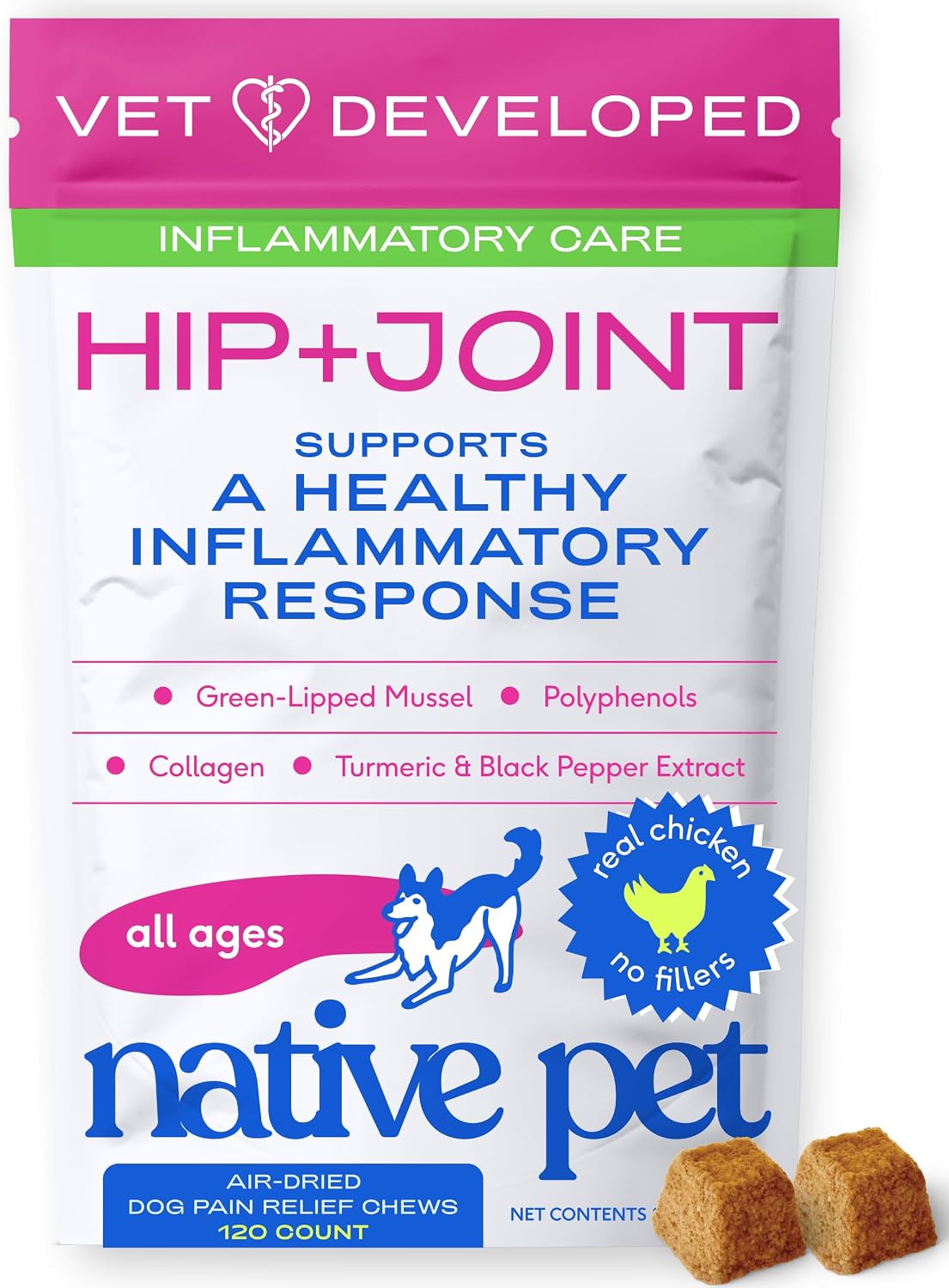 Native Pet Inflammatory Care - Pain Relief for Dogs - Green-Lipped Mussel, Turmeric & Collagen for Dogs - Hip and Joint Supplement Supports Healthy Inflammatory Response & Joint Comfort - 120 Chews