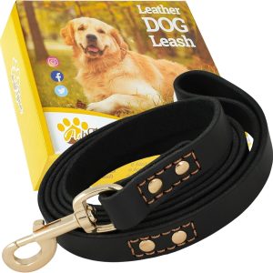 Leather Dog Leash 6 ft x 3/4 inch - Soft, Strong, Heavy Duty for Large & Medium Breeds - Dog Lead for Training (Black - Gold Colored Clasp, L - 6 ft x 3/4 inch