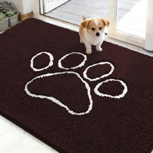 OLANLY Dog Door Mat for Muddy Paws 48x30, Paw Print Design, Absorbs Moisture and Dirt, Absorbent Non-Slip Washable Doormat, Quick Dry Chenille Mud Mat for Dogs, Entry Indoor Entryway Carpet, Brown