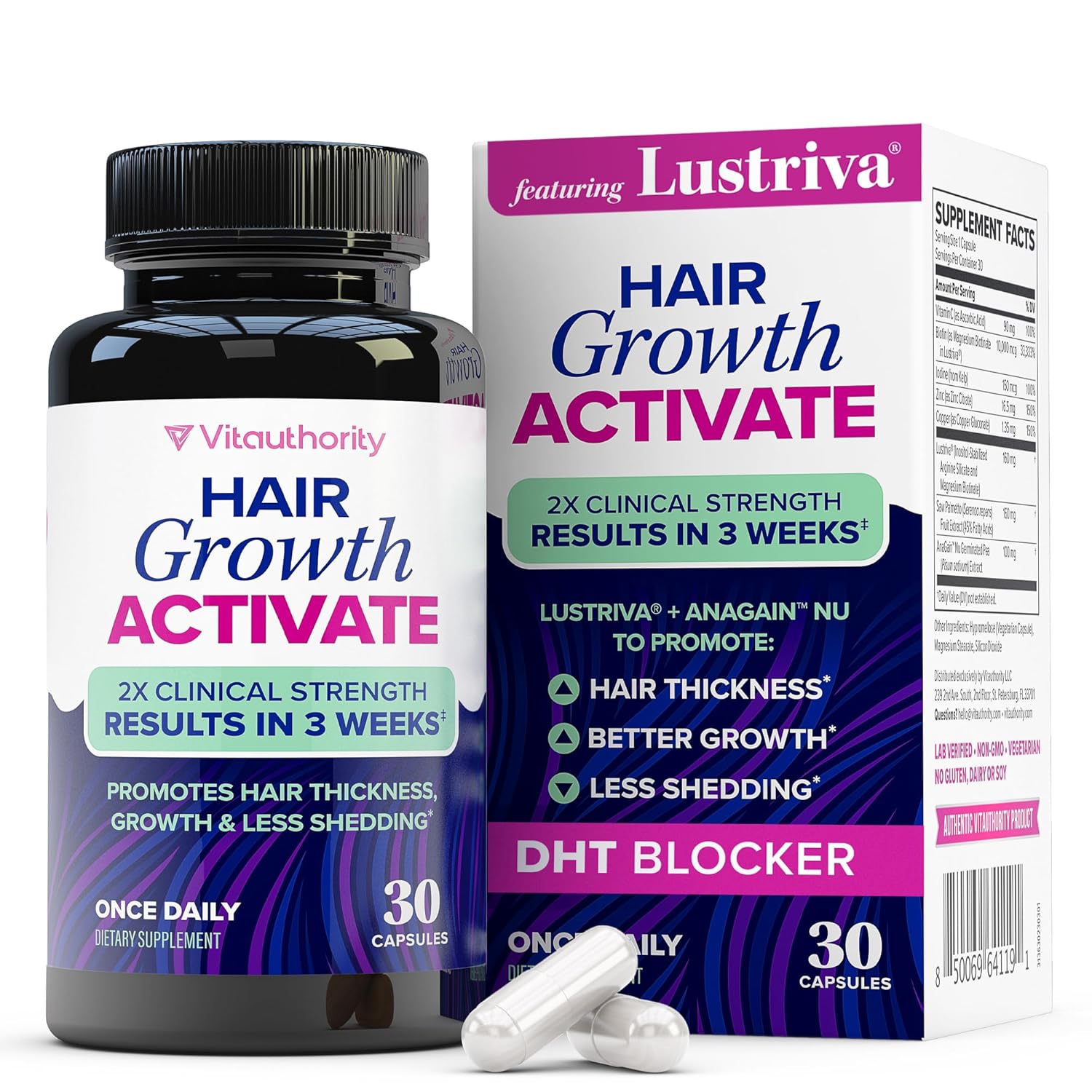 Lustriva Hair Growth Supplement for Women | Lustriva & DHT Blocker Vitamins for Thicker Fuller Locks Biotin Saw Palmetto Zinc & Copper | Reduce Shedding & Support Hair Loss for Men & Women 30 Capsules