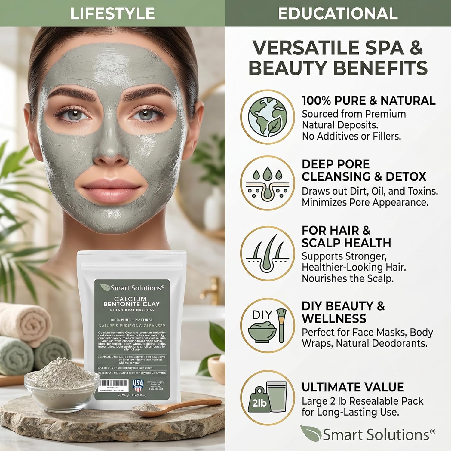 SMART SOLUTIONS Calcium Bentonite Clay, 2 lb Pure Indian Healing Clay - All Natural for External Use | DIY Facial Treatments, Deodorants, Hair Masks - Image 3