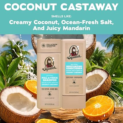 Dr. Squatch Full + Thick Men's Shampoo and Conditioner Set - For Fuller, Thicker-Looking Hair - Natural Shampoo and Conditioner for Men - Coconut Castaway (11 fl oz, 2-Pack) - Image 2