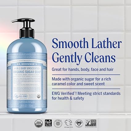 Dr. Bronner’s - Organic Sugar Soap (Baby Unscented, 64 Ounce) - Made with Organic Oils, Sugar and Shikakai Powder, 4-in-1 Use: Hands, Body, Face and Hair, Moisturizes and Nourishes, No Added Fragrance - Image 3