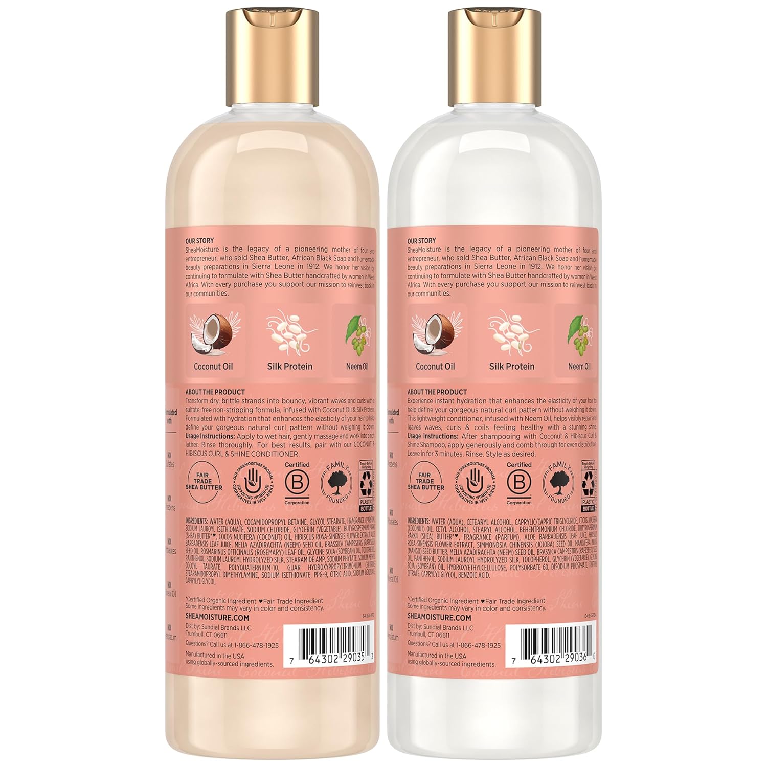 SheaMoisture Coconut & Hibiscus Curl & Shine Shampoo & Conditioner for Bouncy Curls, Frizz Control, 16 Oz Ea