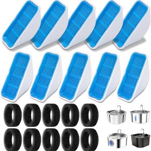 Replacement Filters for 3.2L/2.5L Cat Water Fountain, 10-Pack Filters and10 Pre-Filter Sponges, Multi-Layer Filtration System for Pet Fountain, Removes Impurities and Odors