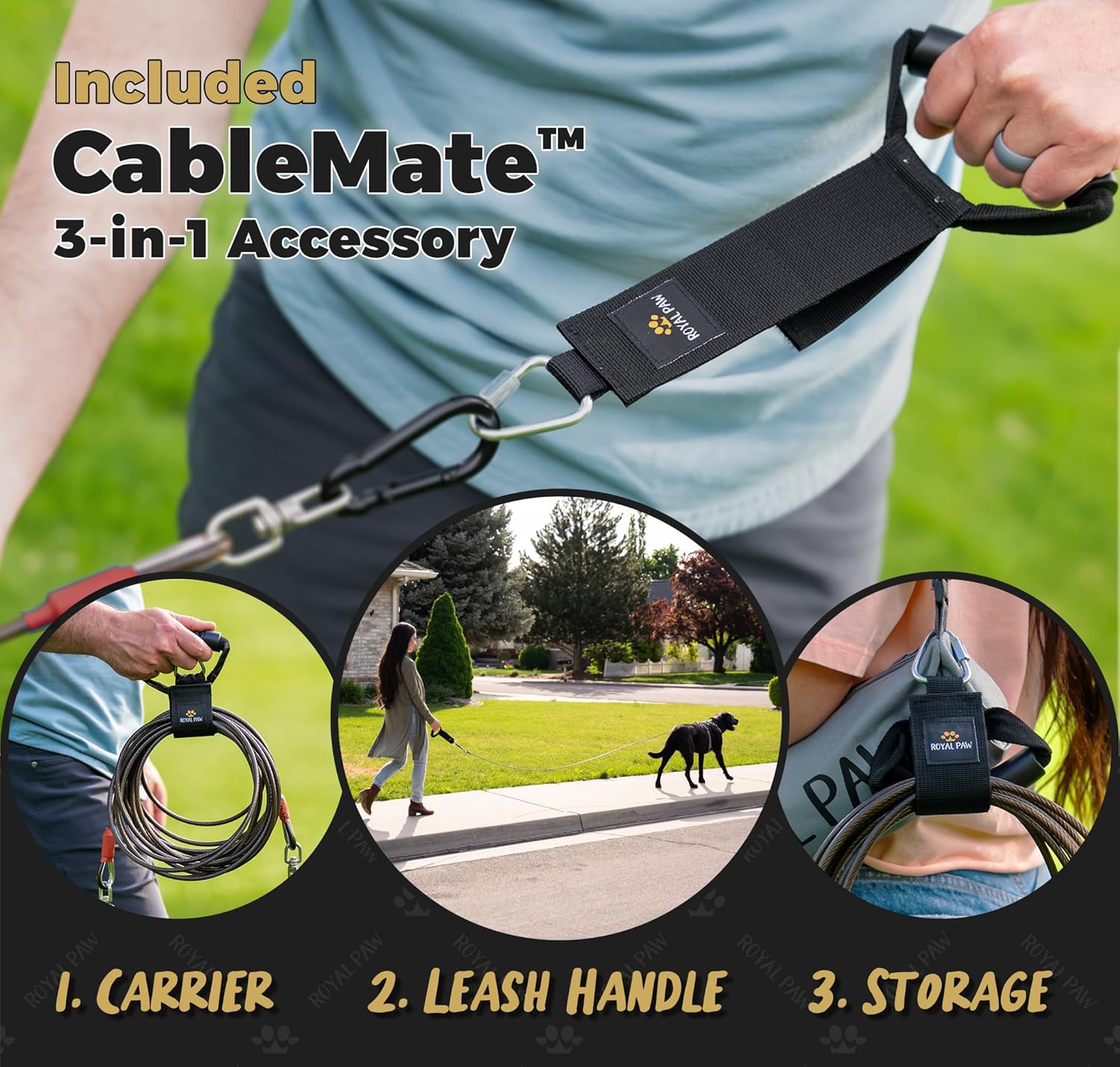 ROYAL PAW Dog Tie Out Cable - Tie Out Cable for Dogs (up to 300 lbs) - Use Dog Tie-Outs & Stakes for Outside - Best Heavy Duty Dog Leash for Large Dogs (30ft - Black Onyx) - Image 3