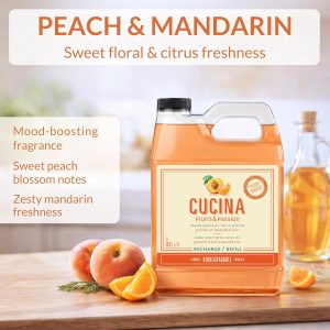 Cucina Fruits & Passion Hand Soap Refill, Peach & Mandarin, 1 L (33.8 fl oz), Liquid Hand Soap with Moisturizing Olive Oil, Biodegradable, Vegan Formula, Kitchen & Bathroom