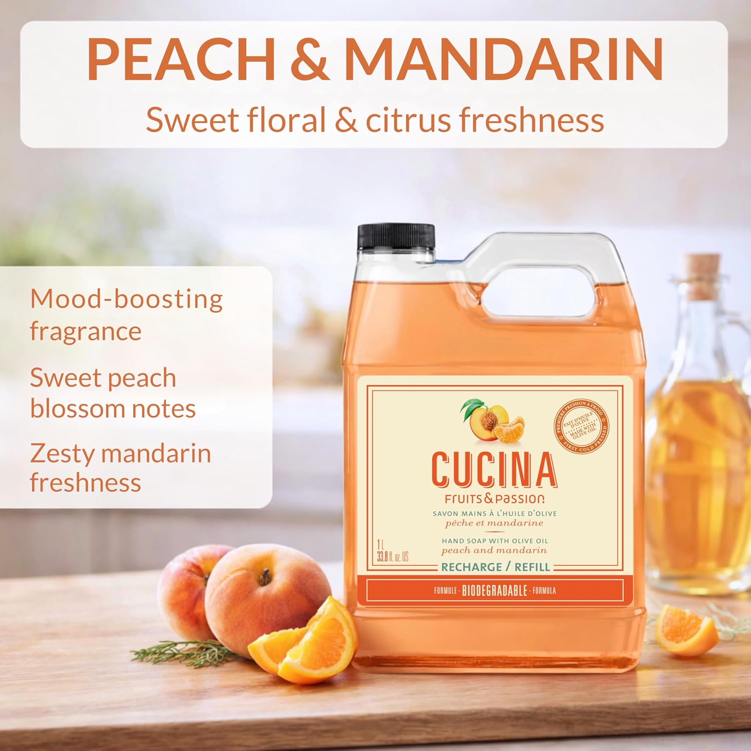Cucina Fruits & Passion Hand Soap Refill, Peach & Mandarin, 1 L (33.8 fl oz), Liquid Hand Soap with Moisturizing Olive Oil, Biodegradable, Vegan Formula, Kitchen & Bathroom