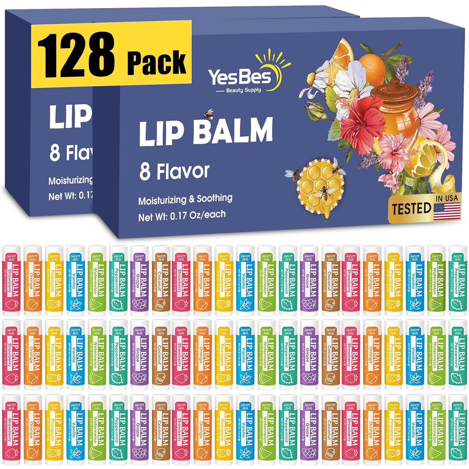 YesBes 128 Pack Lip Balm, Natural Lip Balm Bulk with Vitamin E and Coconut Oil, Moisturizing Lip Balms for Dry Cracked Lips, Lip Balms for Mothers Day Gifts Stocking Stuffers - 8 Flavors - Image 2