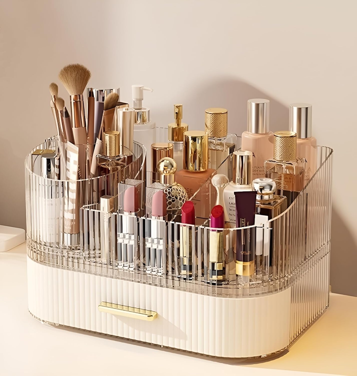 Makeup Organizer with Drawers, 360° Rotating Brush Holder | 2-Tier, Cosmetic storage for vanity, skincare, perfume, hair accessories, lipstick and jewelry, Cream White - Image 2
