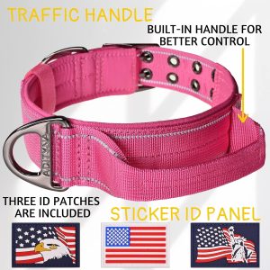ADITYNA Heavy Duty Pink Dog Collar for Large Dogs with Traffic Handle | Girl dog collar for walking, training, and daily use — wide, reflective, soft neoprene padding for safety and comfort.