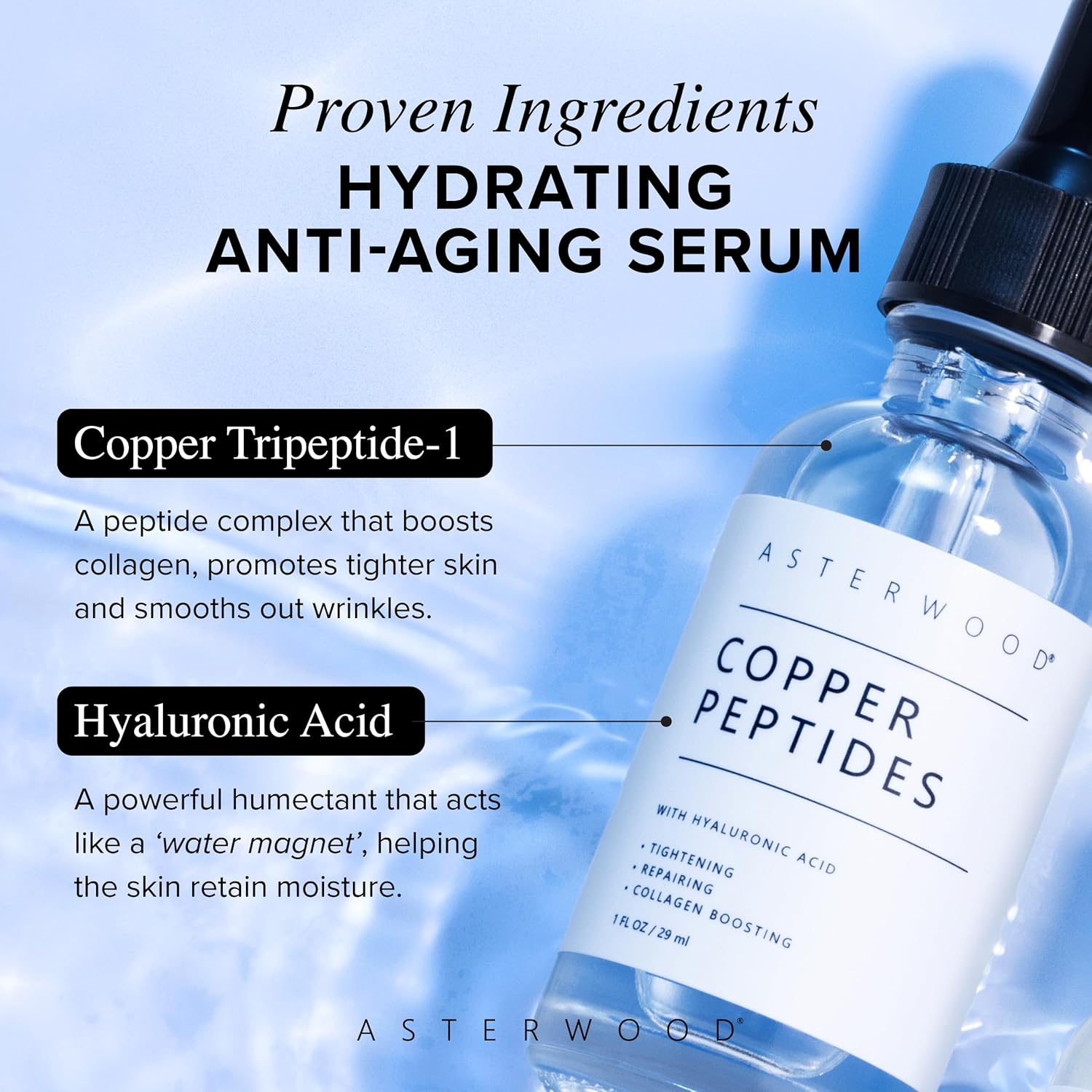 Asterwood Copper Peptides Serum for Face - with GHK-Cu Peptide and Hyaluronic Acid - Anti-Aging Facial Serum - 1 Fl Oz - Image 2