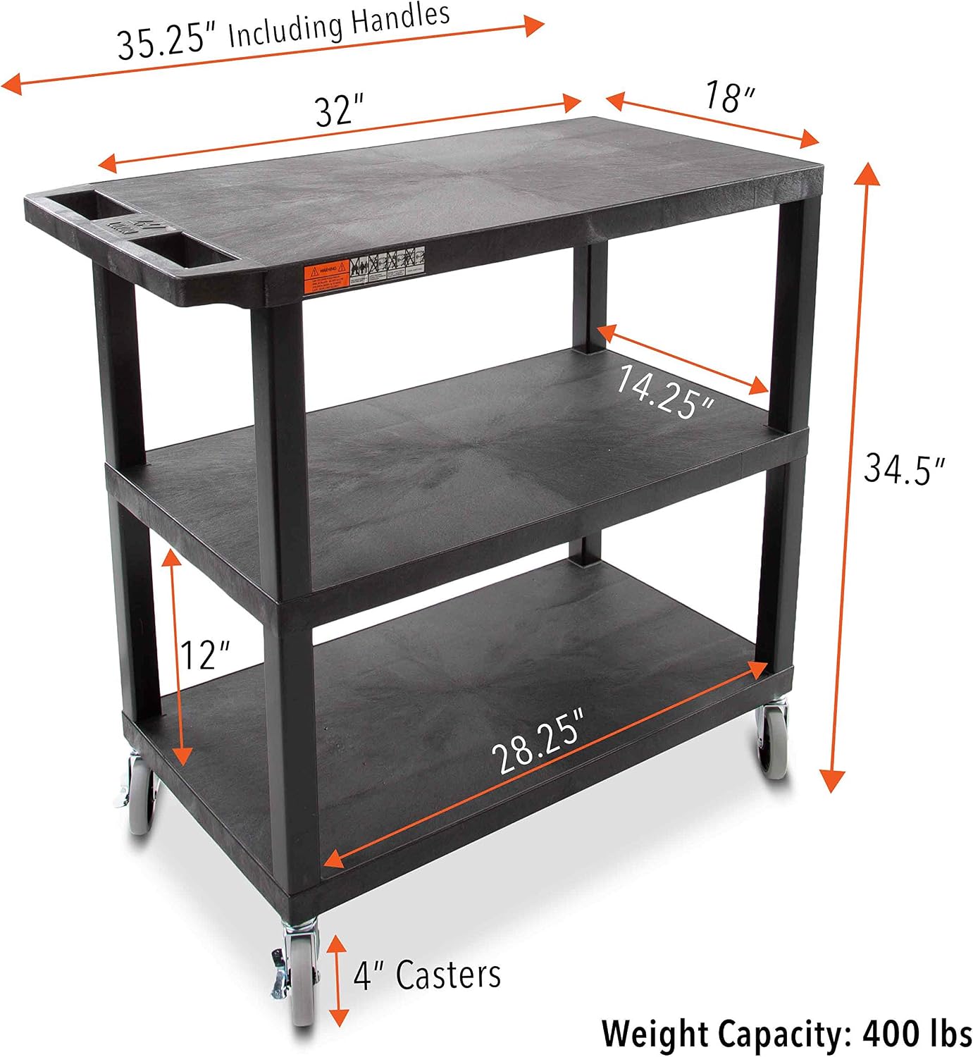 Stand Steady Tubstr 3 Flat Top Shelf Utility Cart Supports Up to 300 lbs - Heavy-Duty Plastic Service Push Cart with Three Flat Shelves, for Offices, Warehouse Storage, Garage Tools (Black, 35 x 18) - Image 2