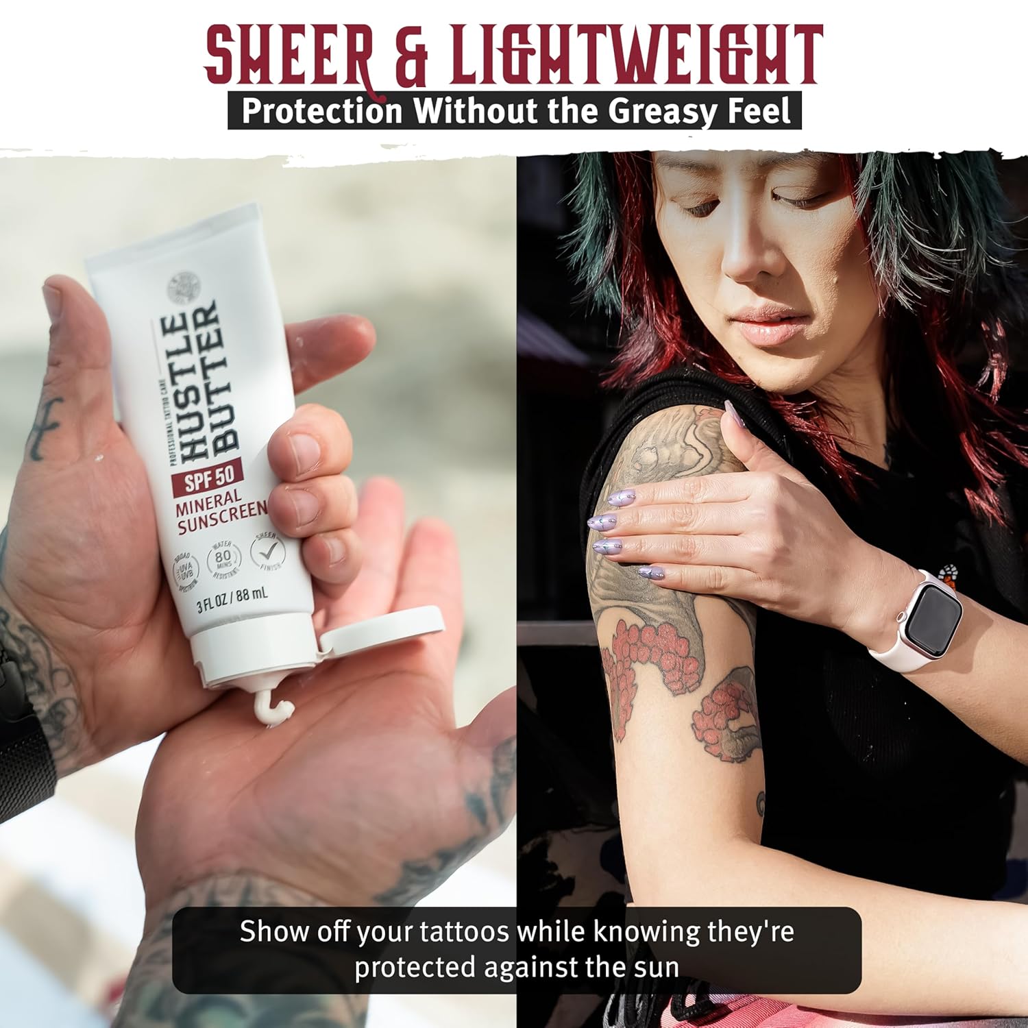 Hustle Butter Tattoo Aftercare Sunscreen - Tattoo Sunscreen Lotion - Fade Protection, SPF 50, Hydrating with Shea Butter & Coconut Oil, TSA-Friendly, Water Resistant, Non-Greasy, 3 oz - Image 3