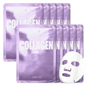 LAPCOS K Beauty Collagen Sheet Mask - Firming & Age-Defying Face Masks with Collagen Peptides - Minimizes Fine Lines & Restores Skin Elasticity - Breathable PT Cell Sheet Korean Skin Care (Pack of 10)