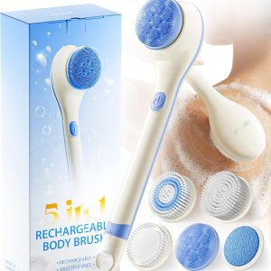 POPCHOSE Electric Body Brush for Shower with Long Handle, Waterproof | Rechargeable Back Scrubber with 5 Interchangeable Heads and 2 Speeds for Deep Cleansing, Exfoliating and Massage