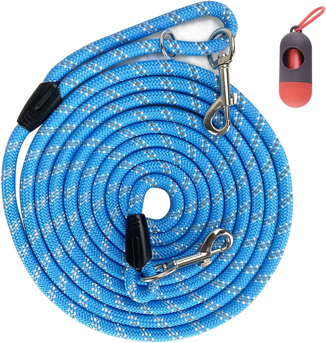 Long Rope Dog Leash for Dog Training 12FT 20FT 30FT 50FT, Reflective Threads Dog Cat Leashes Tie-Out Check Cord Recall Training Agility Lead for Large Medium Small Dogs (Blue, 10mm*50ft) - Image 2