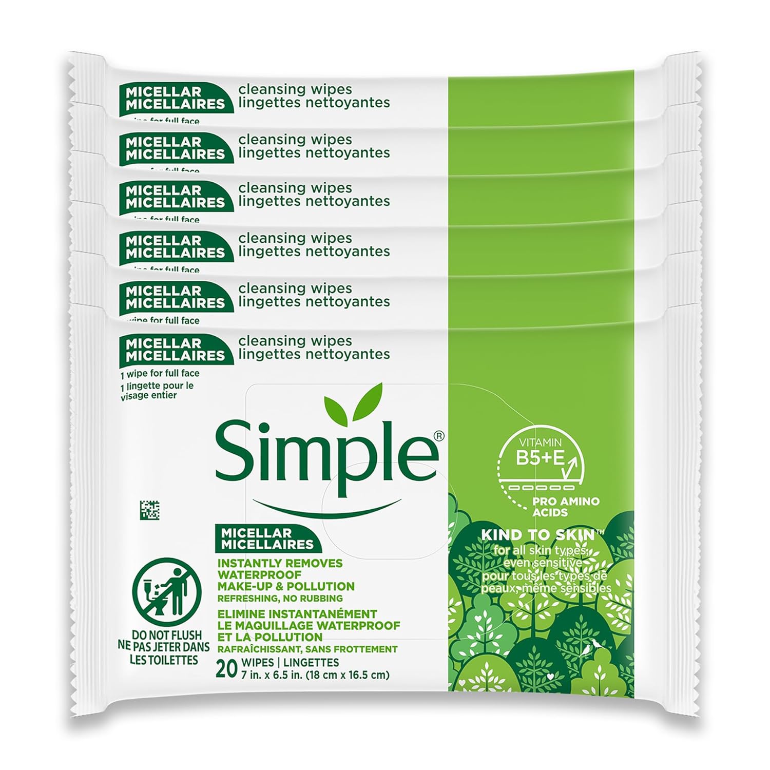 Simple Kind To Skin Micellar Makeup Remover Wipes - Face Wipes Instantly Remove Waterproof Makeup - Enriched with Vitamin B5 and E - Vegan - 6 pc - Image 3