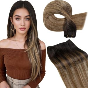 LaaVoo Weft Hair Extensions Human Hair Brown Balayage Sew in Hair Extensions Darkest Brown Balayage Medium Brown Mix Ash Blonde Human Hair Weft Extensions Straight 16 Inch 100g