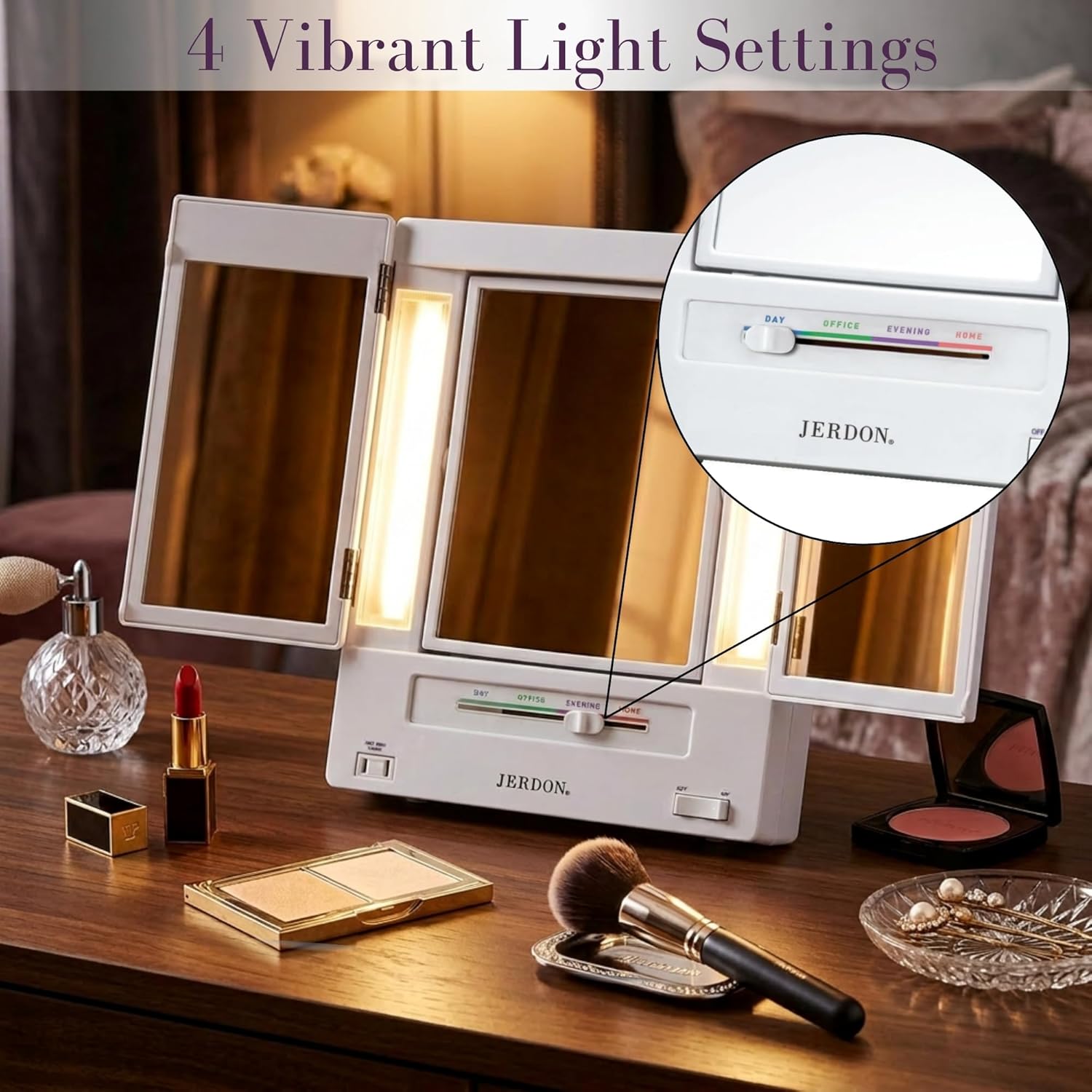 JERDON Tri-Fold Two-Sided Makeup Mirror with Lights - Vanity Mirror with 5X Magnification & Multiple Light Settings - White Base - Model JGL9W - Image 2
