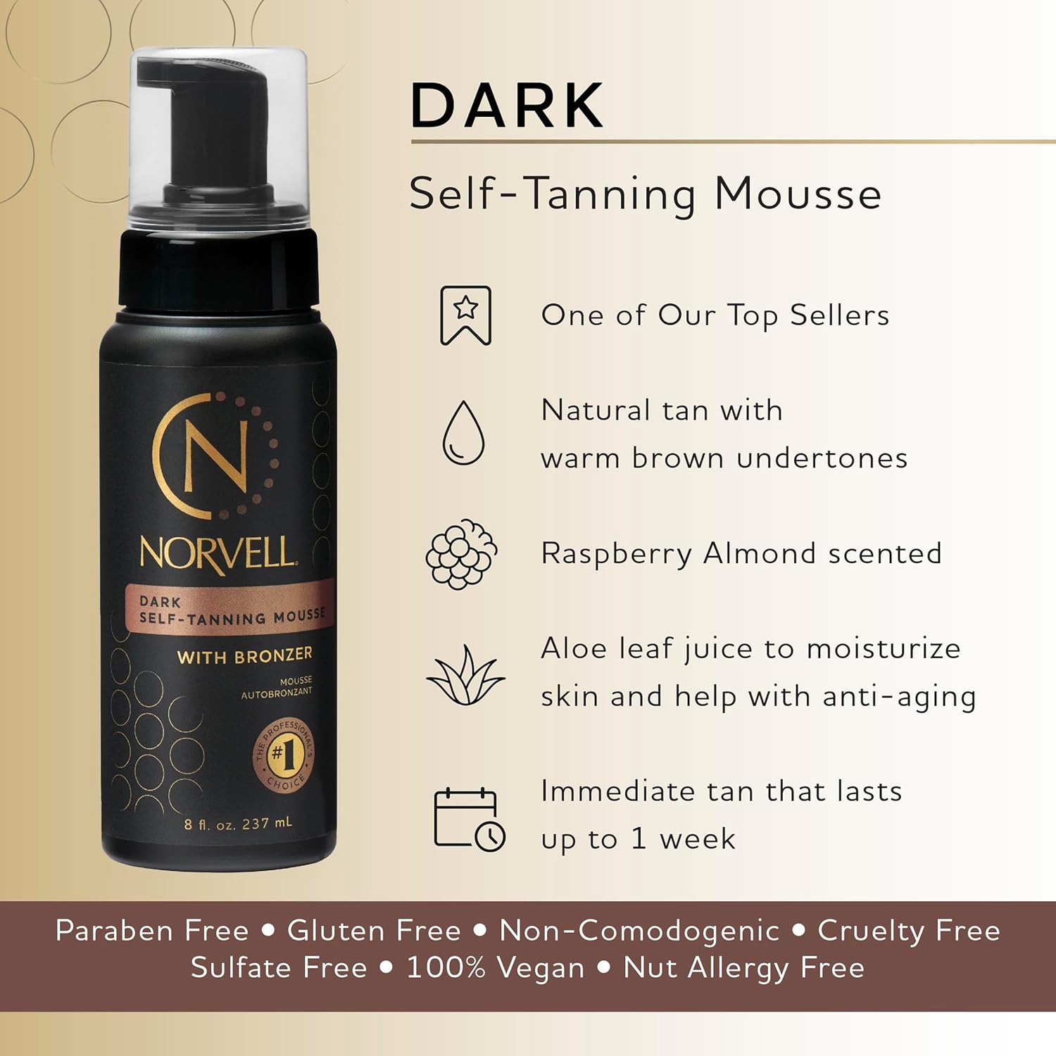 Norvell Sunless Dark Self Tanner Mousse with Bronzer 8 fl oz – Instant Natural Looking Fake Tan for a Bronzing Glow, Streak Free, Fast Drying, Long Lasting Sunless Tanning Color - Image 2