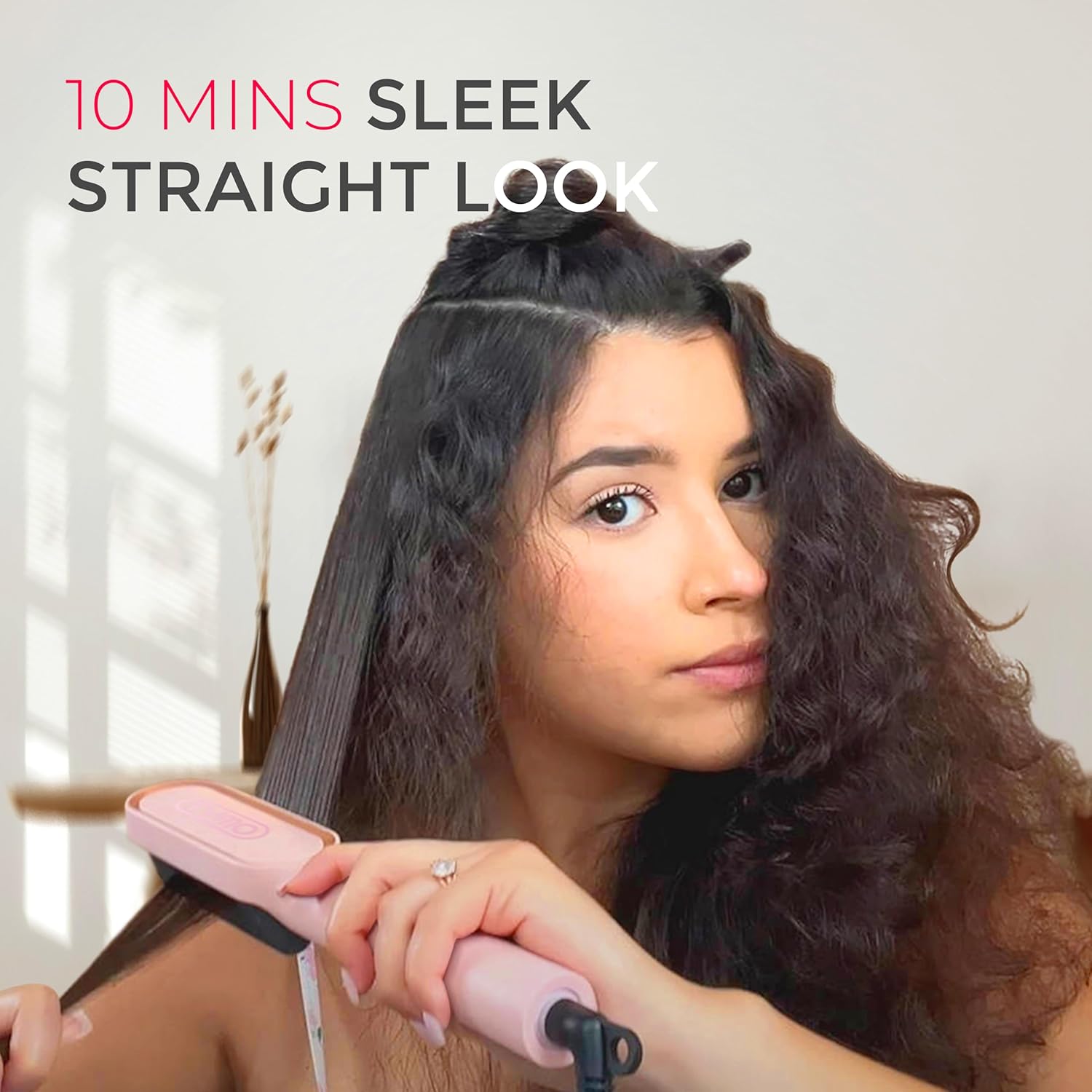 Hair Straightener Brush, TYMO Ring Hair Straightener Comb Straightening Brush for Women with 5 Temps 20s Fast Heating & Dual Voltage, Pink - Image 3