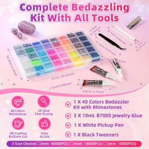 18000Pcs 40 Colors Resin Jelly Rhinestones Kit, 4mm Flatback Rhinestones with 3Pcs B7000 Jewelry Glue & Tools, Bedazzler Kit with Rhinestones, All-in-One Bedazzling Kit for DIY Arts & Crafts Gifts