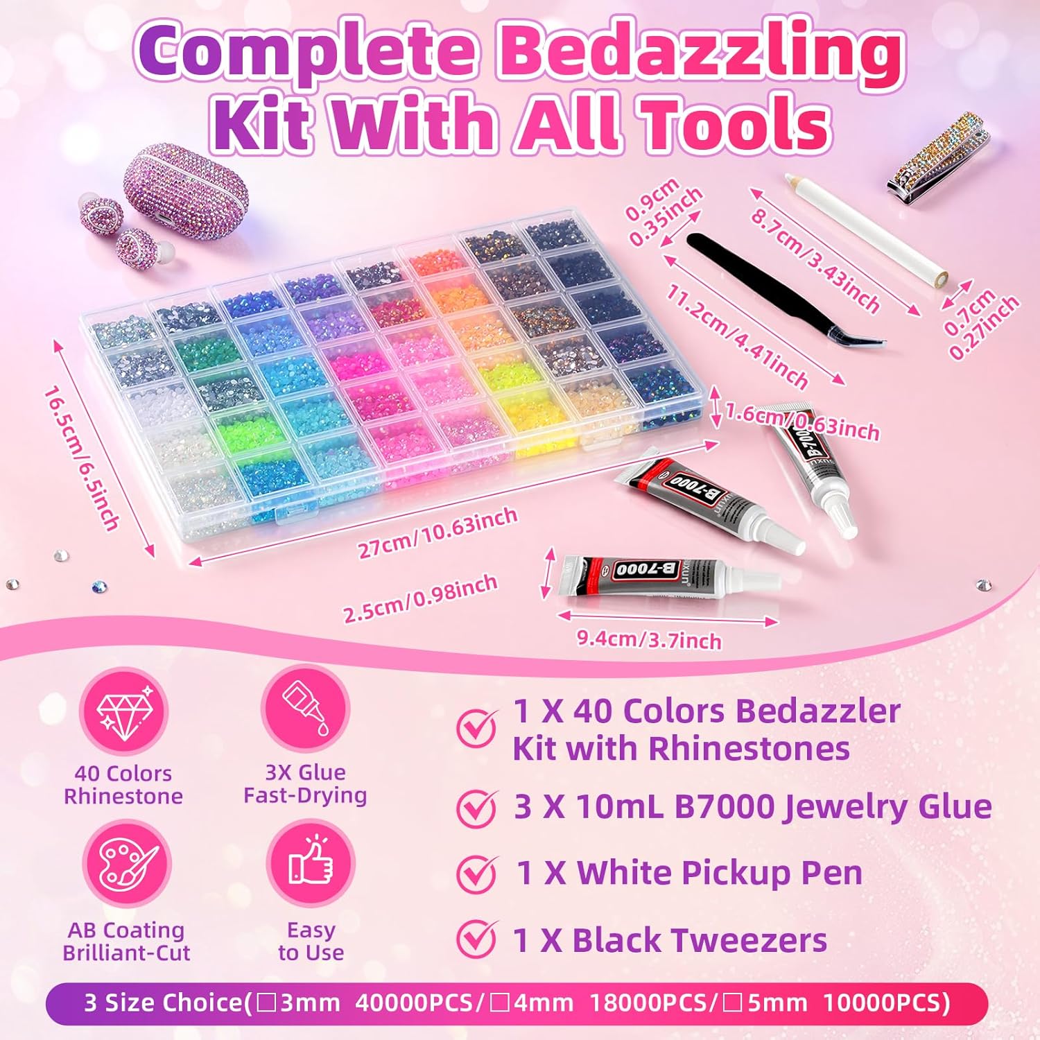18000Pcs 40 Colors Resin Jelly Rhinestones Kit, 4mm Flatback Rhinestones with 3Pcs B7000 Jewelry Glue & Tools, Bedazzler Kit with Rhinestones, All-in-One Bedazzling Kit for DIY Arts & Crafts Gifts