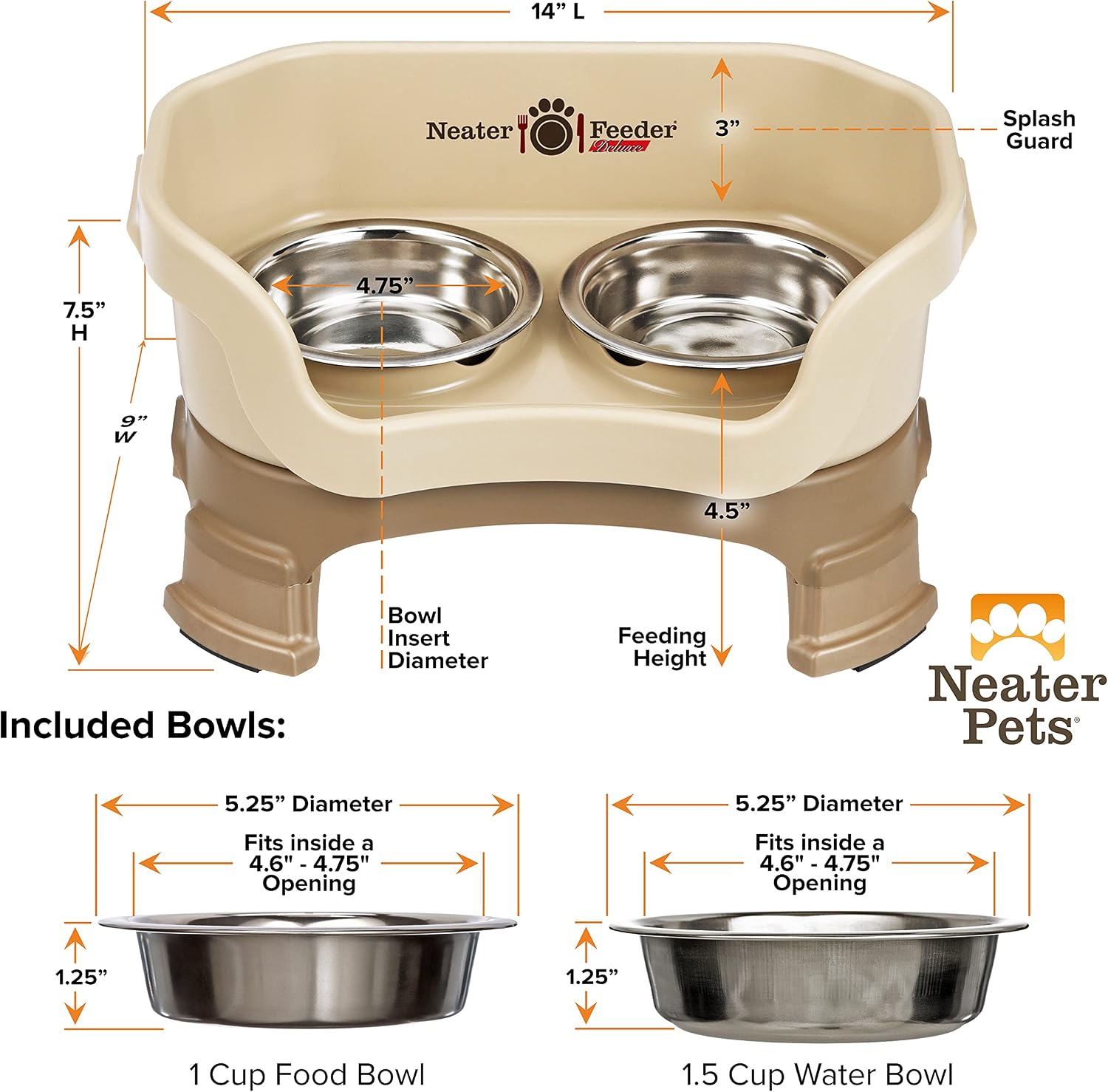 Neater Feeder Deluxe Mess-Proof Elevated Cat Bowls, 2 Height Adjustable (6” & 7.5”) No-Spill Raised Cat Bowl Stand, Whisker Friendly Stainless Steel Dishes for Indoor Cats, Made in USA, Cappuccino - Image 3