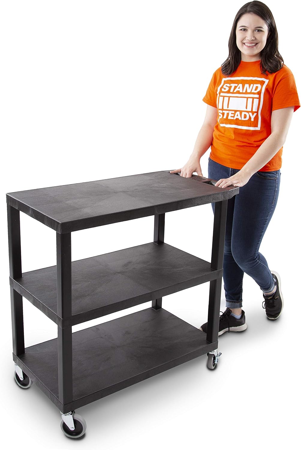 Stand Steady Tubstr 3 Flat Top Shelf Utility Cart Supports Up to 300 lbs - Heavy-Duty Plastic Service Push Cart with Three Flat Shelves, for Offices, Warehouse Storage, Garage Tools (Black, 35 x 18) - Image 3