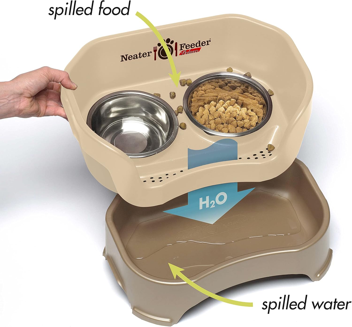 Neater Feeder Deluxe Mess-Proof Elevated Cat Bowls, 2 Height Adjustable (6” & 7.5”) No-Spill Raised Cat Bowl Stand, Whisker Friendly Stainless Steel Dishes for Indoor Cats, Made in USA, Cappuccino - Image 2