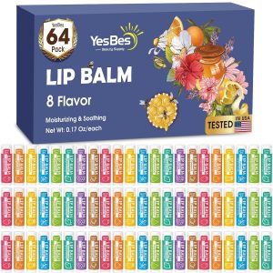 YesBes 64 Pack Lip Balm, Natural Lip Balm Bulk with Vitamin E and Coconut Oil, Moisturizing Lip Balms for Dry Cracked Lips, Lip Balms for Mothers Day Gifts Stocking Stuffers - 8 Flavors