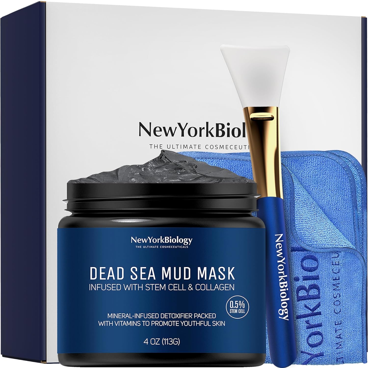 New York Biology Dead Sea Mud Mask for Face & Body | with Stem Cell and Collagen | Face Mask, Brush Applicator, Towel | Spa Quality Pore Refiner for Oily Skin | Natural Skincare for Women & Men | 4 oz - Image 3