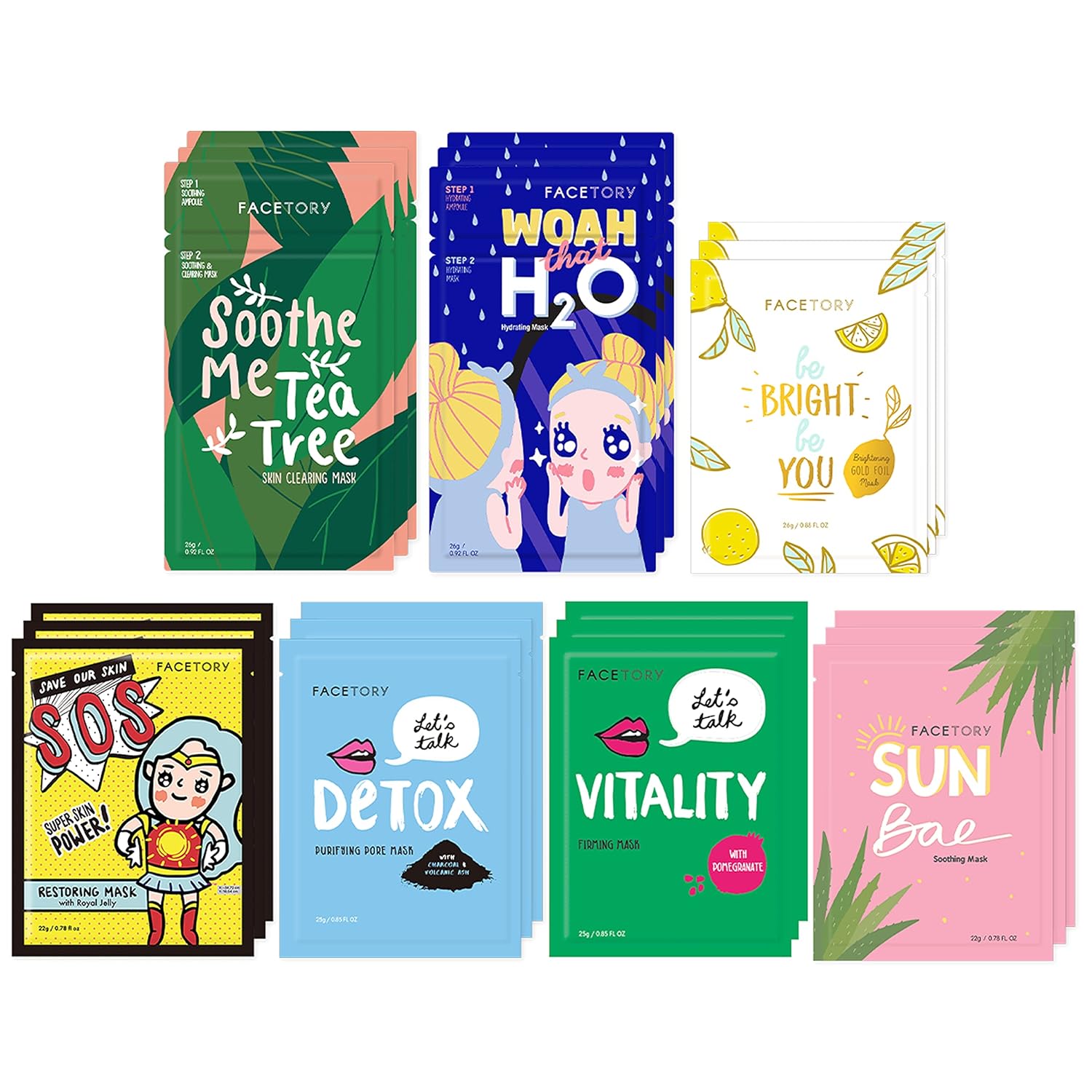 FACETORY K Beauty Face Mask Skin Care - BEST OF 7 COLLECTION Sheet Mask Set (21 pc) | Natural Premium Korean Face Mask For All Skin Types - No Sulfates No Parabens - Image 2
