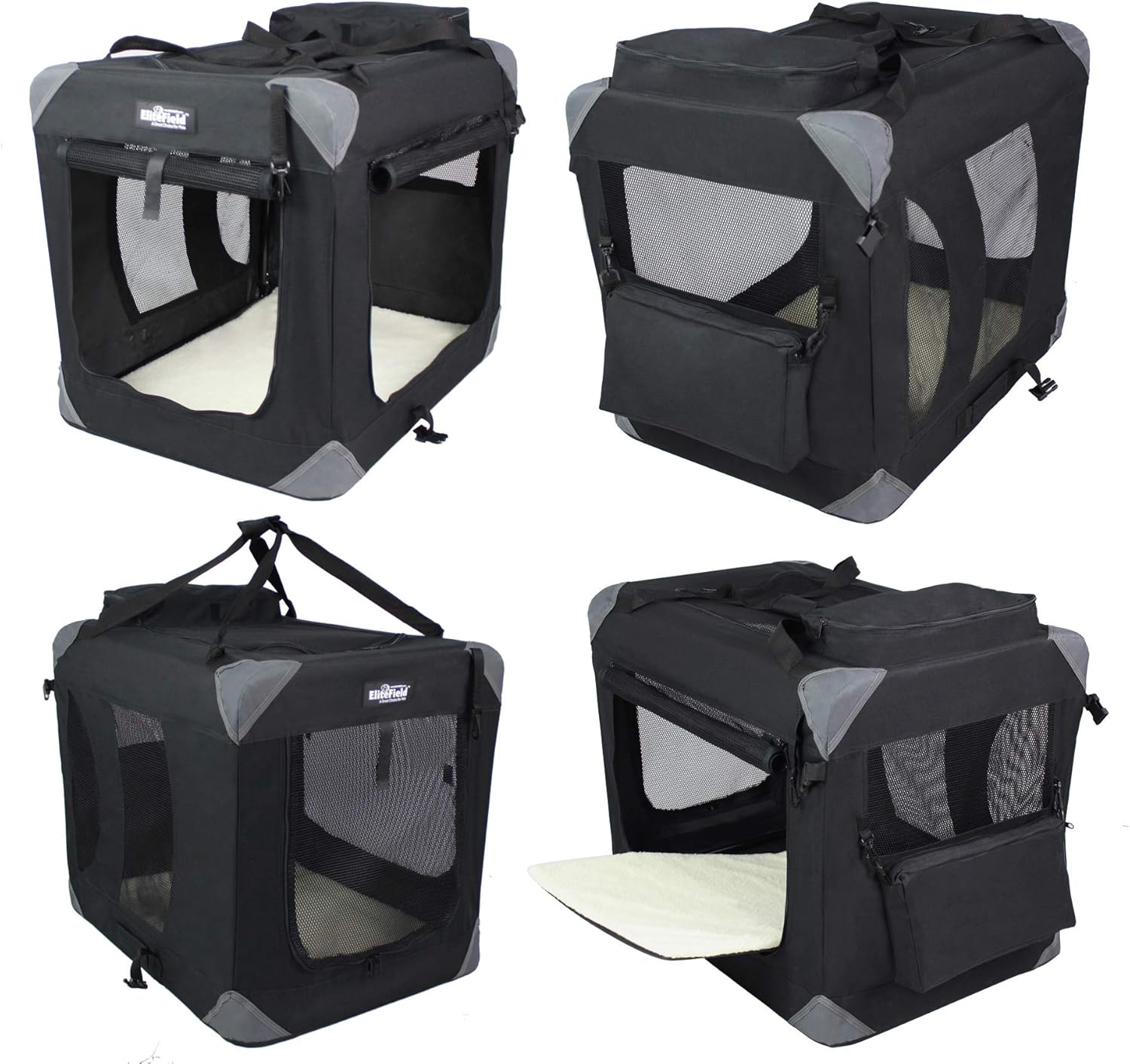 EliteField 3-Door Folding Soft Dog Crate with Carrying Bag and Fleece Bed (2 Year Warranty), Indoor & Outdoor Pet Home (24" L x 18" W x 21" H, Black) - Image 2