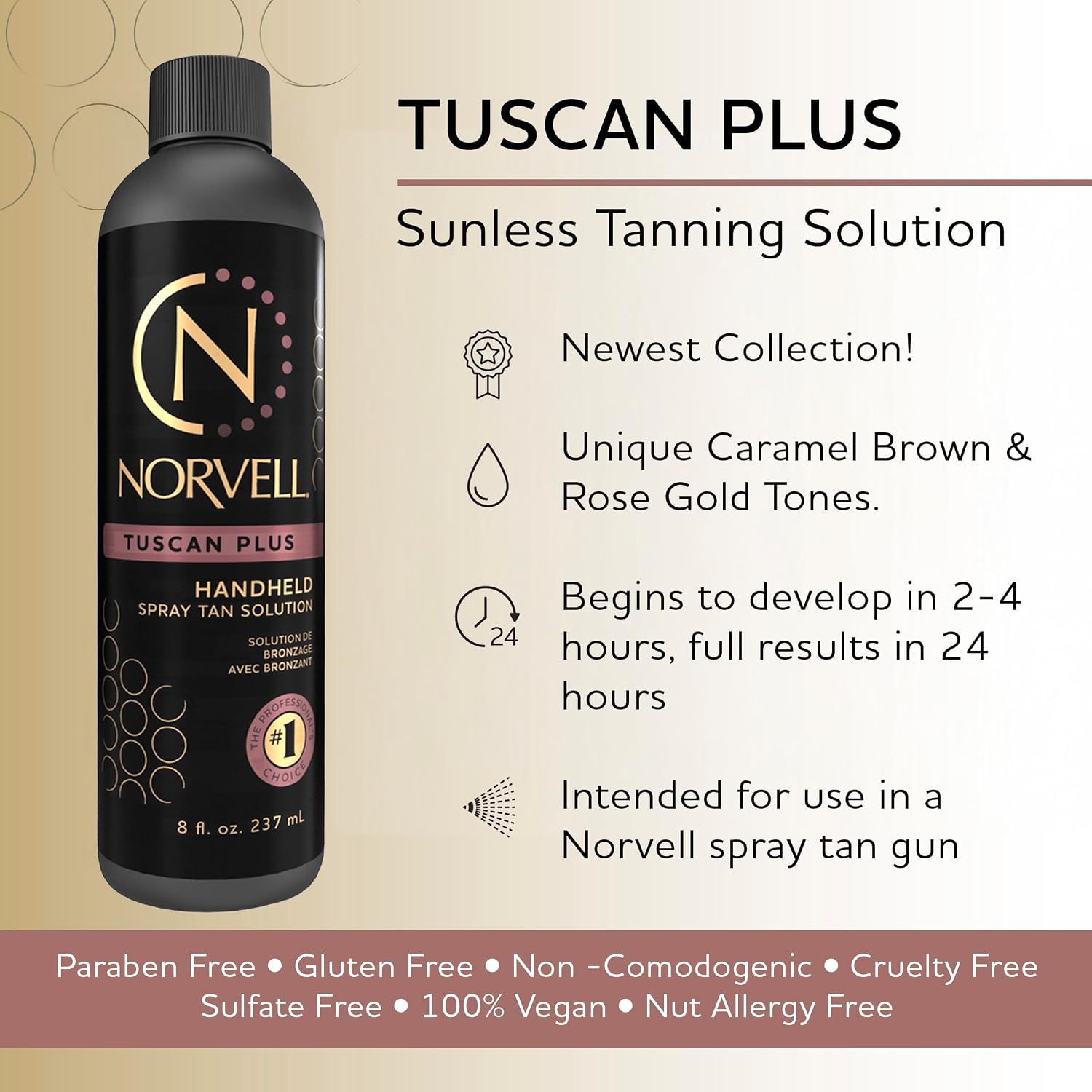 Norvell Tuscan Plus Sunless Spray Tan Solution 8 fl oz | Caramel Brown & Rose Tan – Professional Tanning Solution for Spray Tan Machines – Instant, Long Lasting Natural Color - Image 2