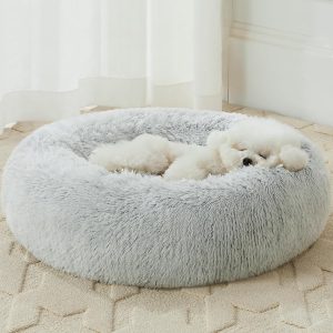 WNPETHOME Calming Dog Bed Cat Bed Donut, Faux Fur Pet Bed Self-Warming Donut Cuddler, Comfortable Round Plush Dog Beds (30 x 30 x 10 Inch, Light Grey)