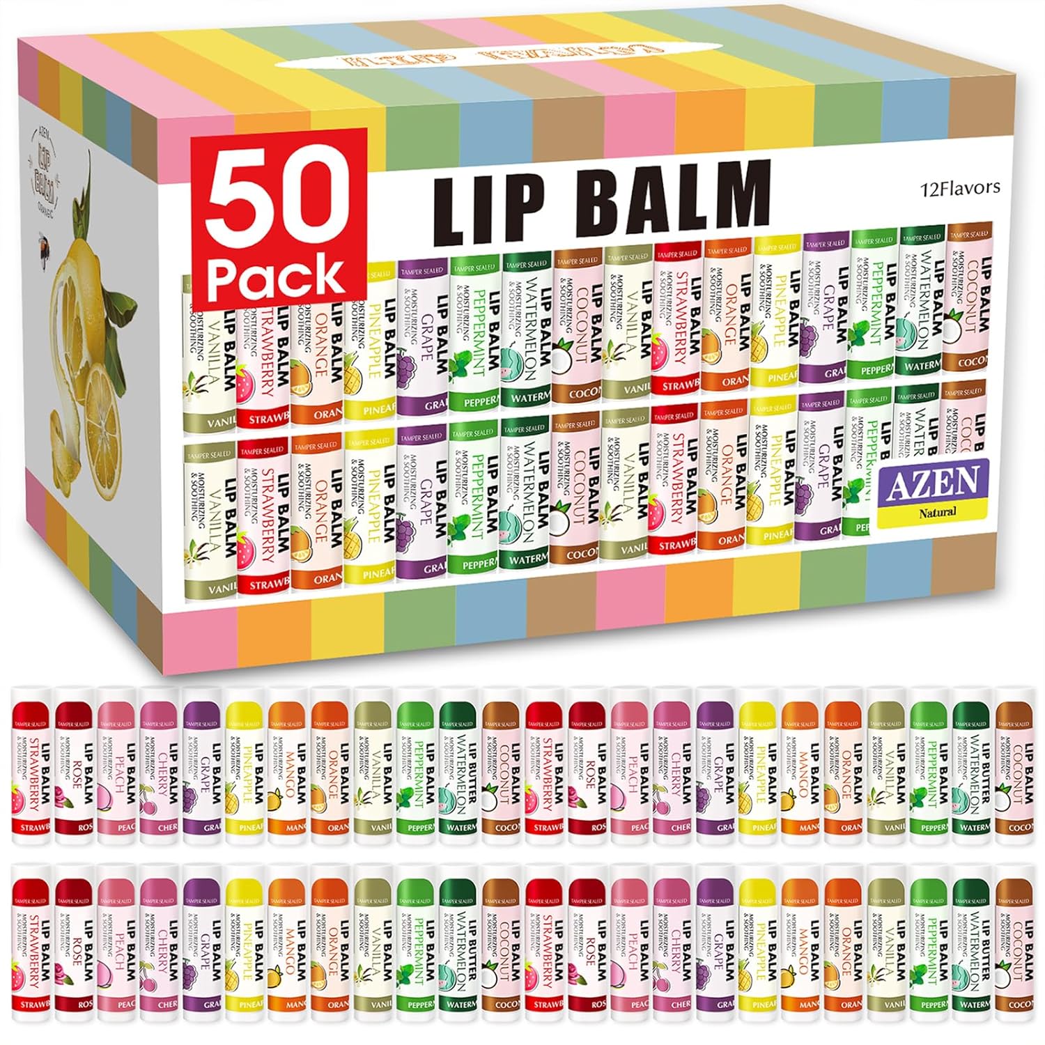 AZEN 50 Pack Lip Balm Bulk, Moisturizing Lip Balms for dry cracked lips, Mothers Day Gifts Easter Basket Stuffers - 12 Flavors - Image 3