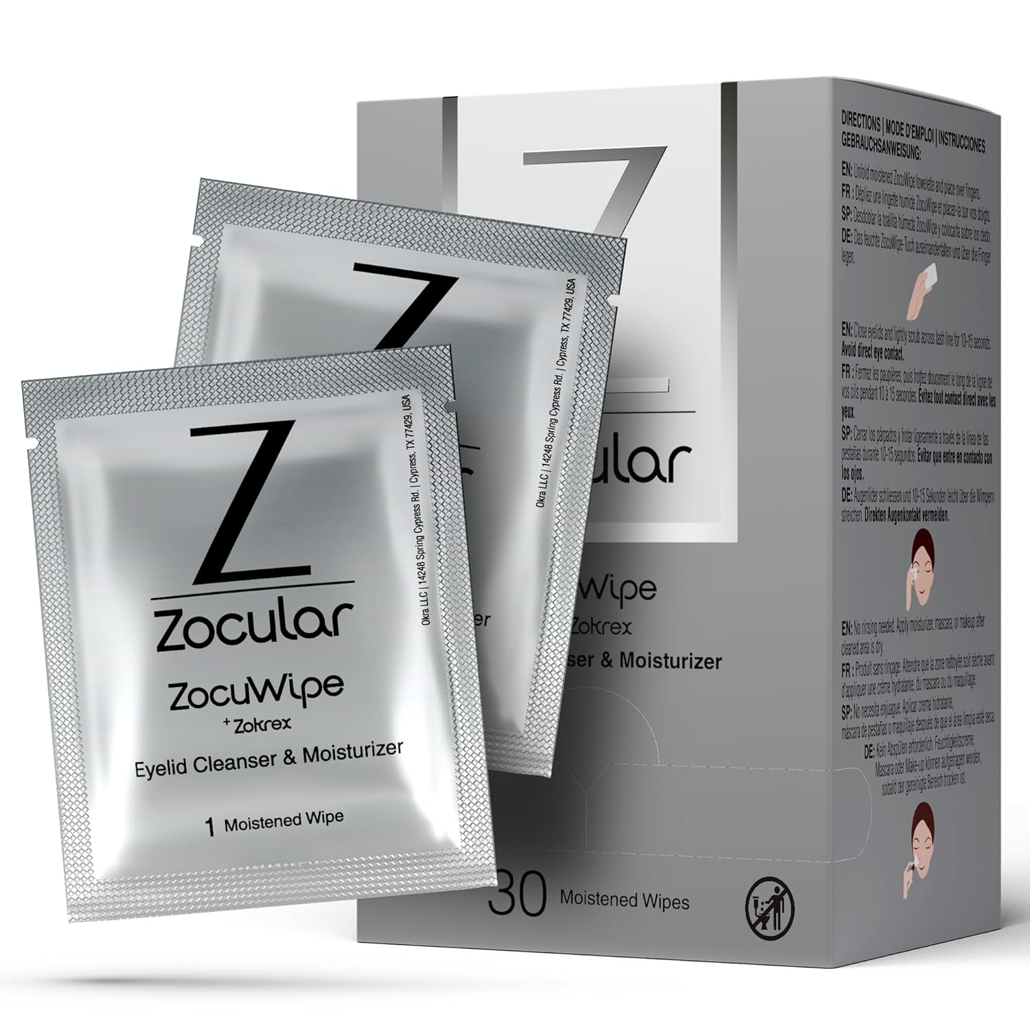Zocular Zocuwipe Eyelid Wipes, Gentle Cleansing & Moisturizing, 30 Count | Okra-based Cleansing Formula, Eyelid Hygiene, Eyelid Comfort, Individually Wrapped, Rinse Free, Ophthalmologist-Developed