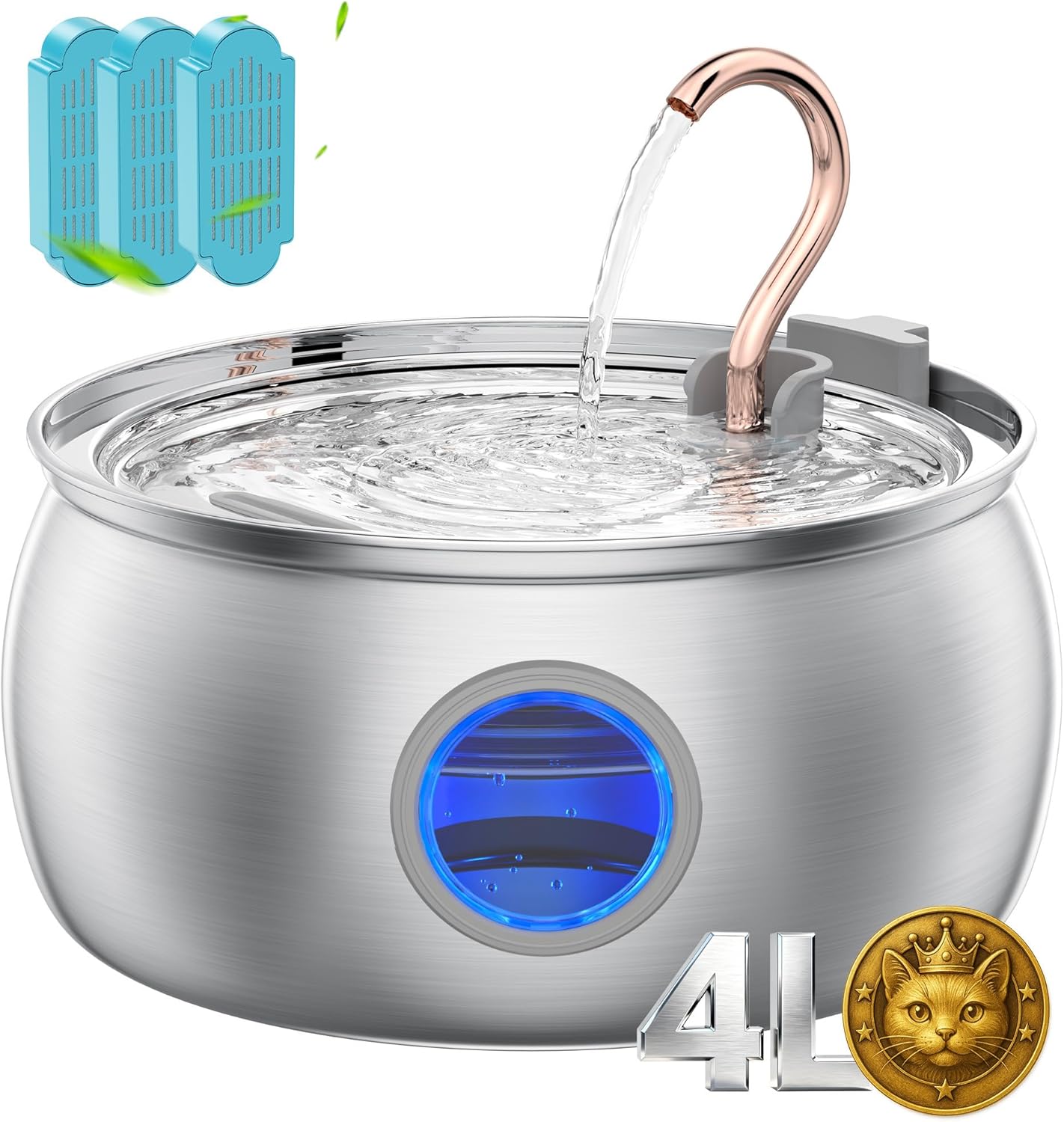 Tomxcute Cat Water Fountain - 4.0L/135oz Gooseneck Copper Stainless Steel Cat Water Fountains for Cats Indoor - Kitty Cat Fountains for Drinking Spout - Comes with 3 Replacement Filters