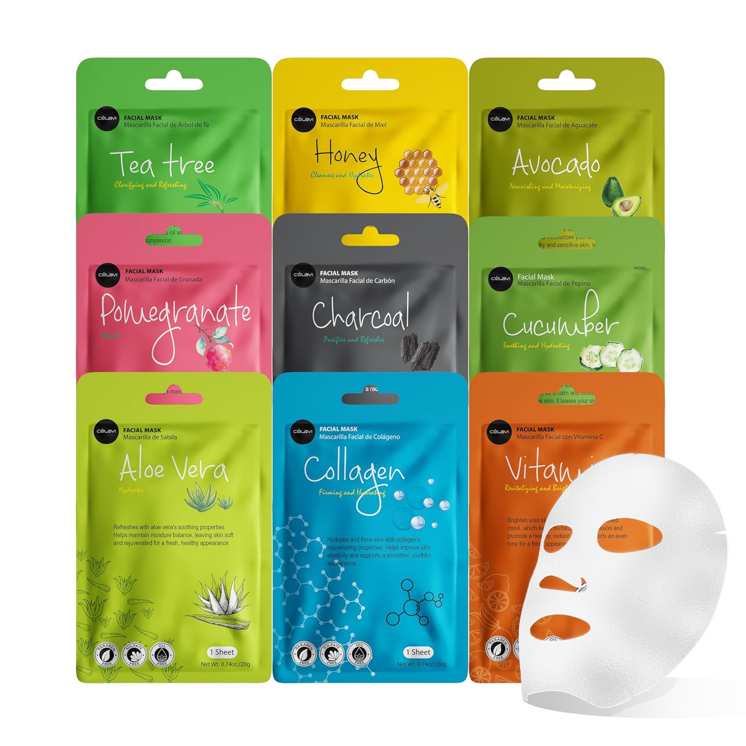 Celavi Essence Facial Face Mask Paper Sheet Korea Skin Care Moisturizing 9 Pack (Mix of 9) - Image 2