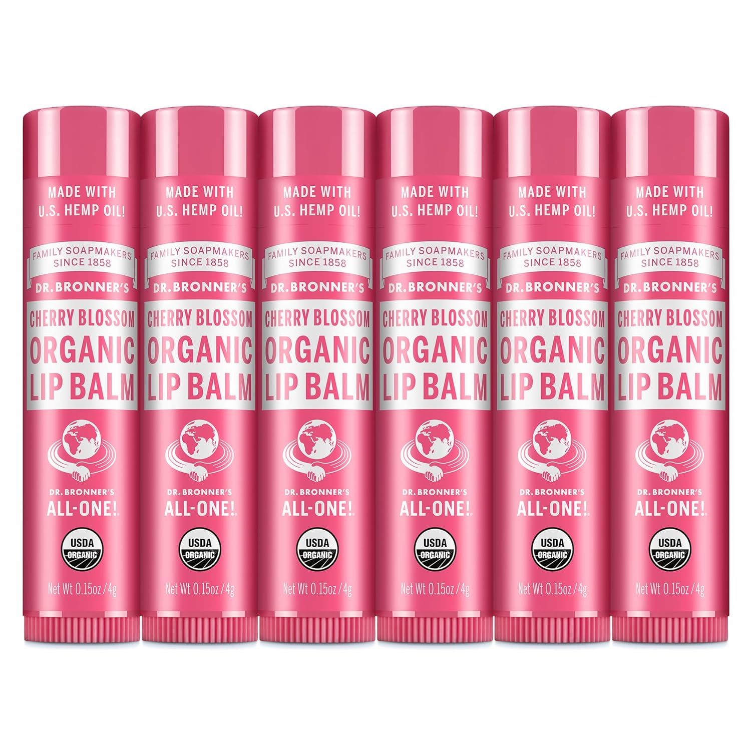 Dr. Bronner’s Organic Lip Balm (.15oz, 6-Pack) Natural, Moisturizing, Petroleum-Free Lip Balm with Beeswax & Avocado Oil for Dry Lips, Men & Women - Cherry Blossom