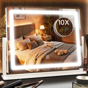 12" x 16" Makeup Mirror with Lights, Vanity Mirror with Lights and 10X Magnification, 3 Dimmable Color Modes, White Lighted Makeup Mirror for Desk