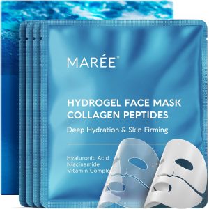 MAREE Hydrogel Collagen Facial Mask with Hyaluronic Acid — Hydrating Face Masks Skincare — Niacinamide, Amino Acids & Red Algae Extract — Facial Masks For Women — Mascarillas Para La Cara — 4 Count