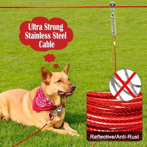 100FT Dog Runner for Yard with 15FT Tie Out Cable - Heavy Duty Trolley System for Large Dogs Up to 250LBS, Backyard/Park/Camping Use (Red, 100FT+15FT)