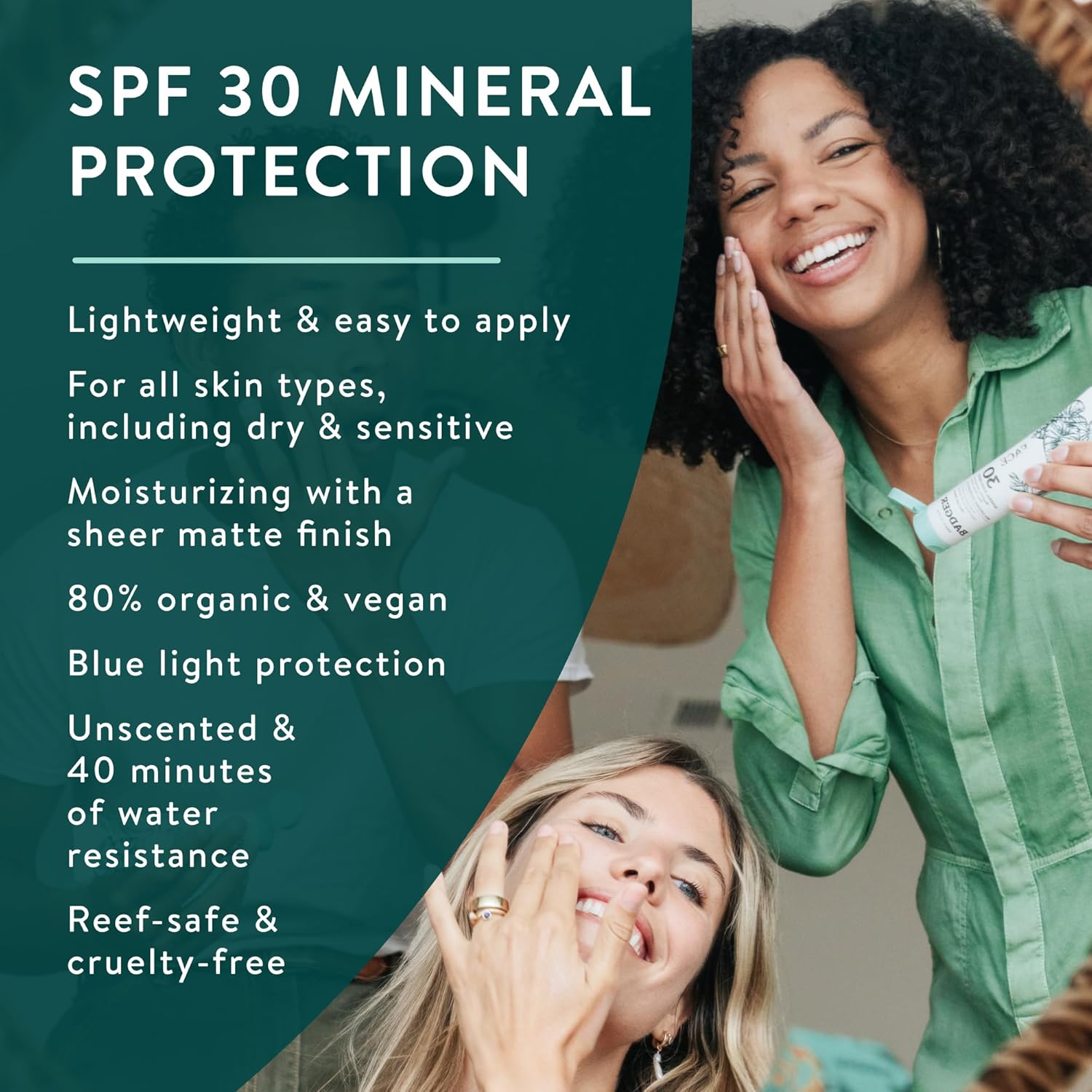 Badger Zinc Oxide Face Sunscreen SPF 30, Lightweight Mineral Sunscreen for Face, Matte Finish, No White Cast, Vegan, Water Resistant, Unscented, Mineral Sunblock Face Lotion, 1.7 fl oz - Image 2